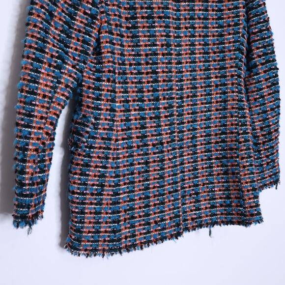 ZARA Tweed Textured Fitted Blazer Multicolor Frayed Trim Gold Button Women's XS - Picture 14 of 14